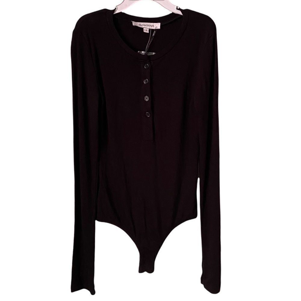 NWT Olivaceous Basic Black Long Sleeve Bodysuit Front Button in Size Small